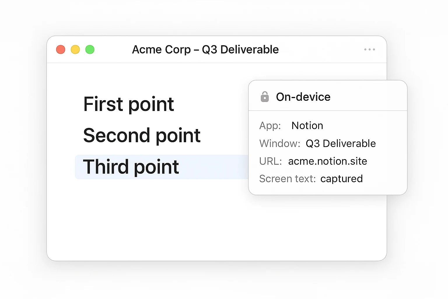 A Notion document being read on-device: app name, window title, URL, and the actual screen text captured locally