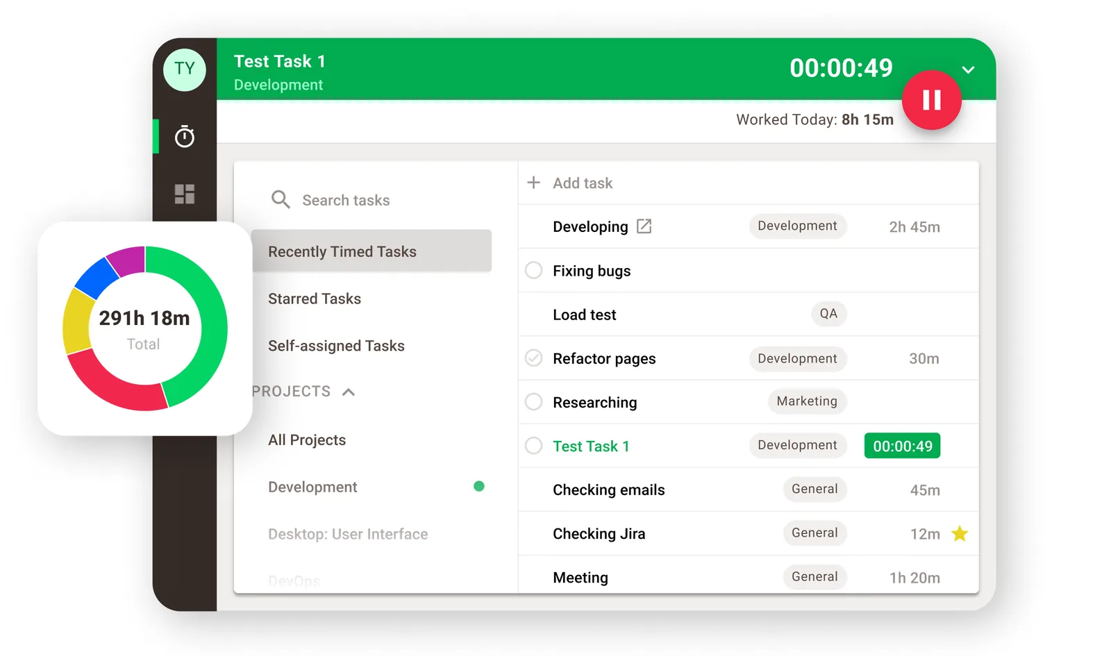 Time Doctor desktop activity tracker with live timer, project task list, and total hours chart