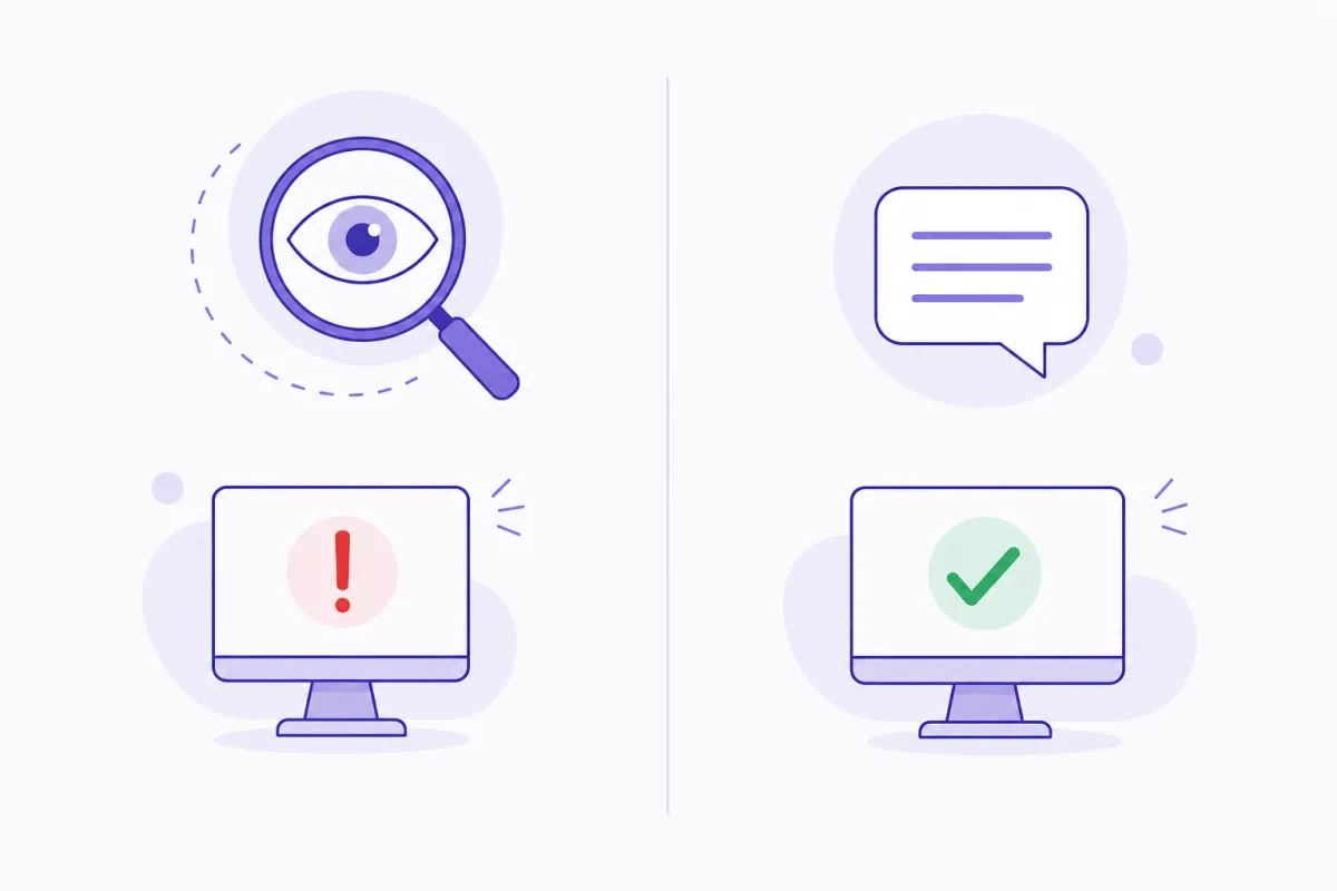 Split illustration comparing a screenshot monitor flagging an activity versus a reasoned report explaining the same activity as goal-relevant work